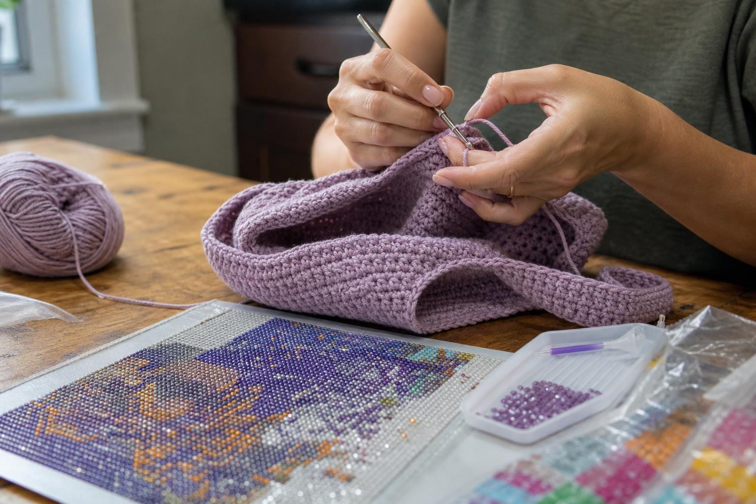 Hands crocheting a lilac handbag beside a diamond painting canvas and tray of gems